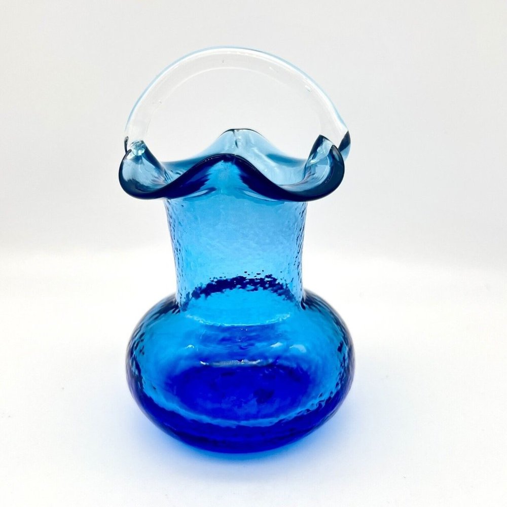 Vintage Cobalt Blue Art Glass Vase Basket Ruffle Rim Pontil Applied Handle 4.5"
